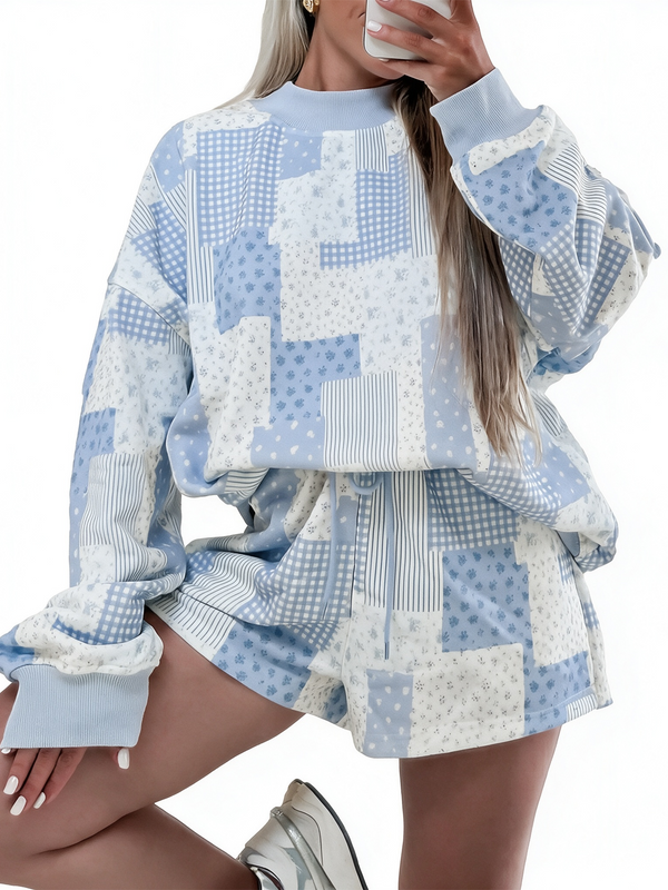 Women's Blue Patchwork Floral Print 2-Piece Loungewear Set