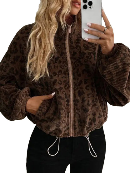 Hot Sale-Women's Cropped Zip Up Leopard Print Corduroy Jacket