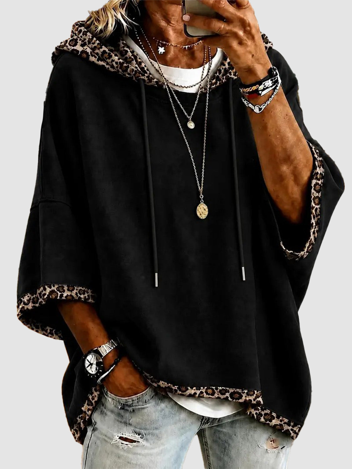 Limited time sale🔥Women 3/4 Bell Sleeve Leopard Trim Hooded Top