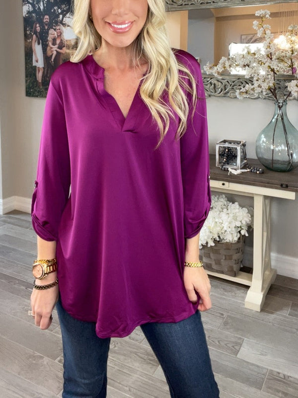 HOT SALE V Neck Satin 3/4 Sleeve Button Blouse