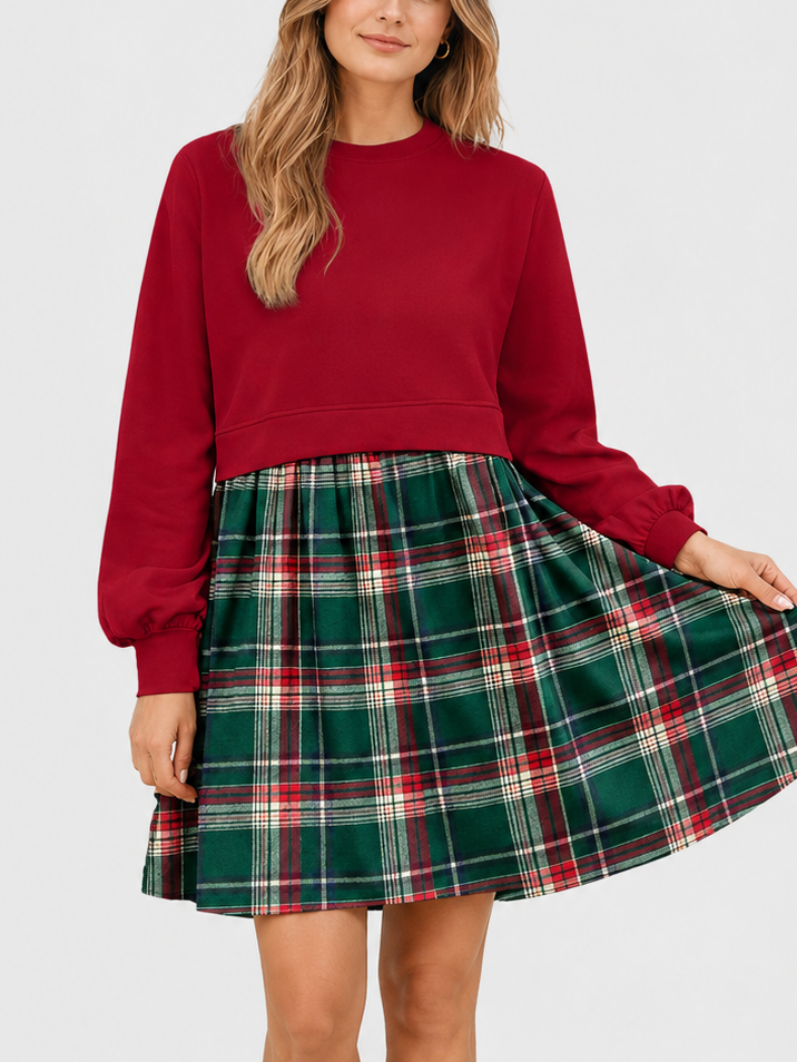 Women Plaid Patchwork Sweatshirt Mini Dress
