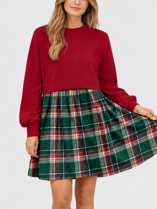 Women Plaid Patchwork Sweatshirt Mini Dress