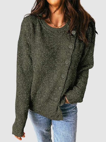 Women Long Sleeve Crew Neck Asymmetric Diagonal Button Knit Top