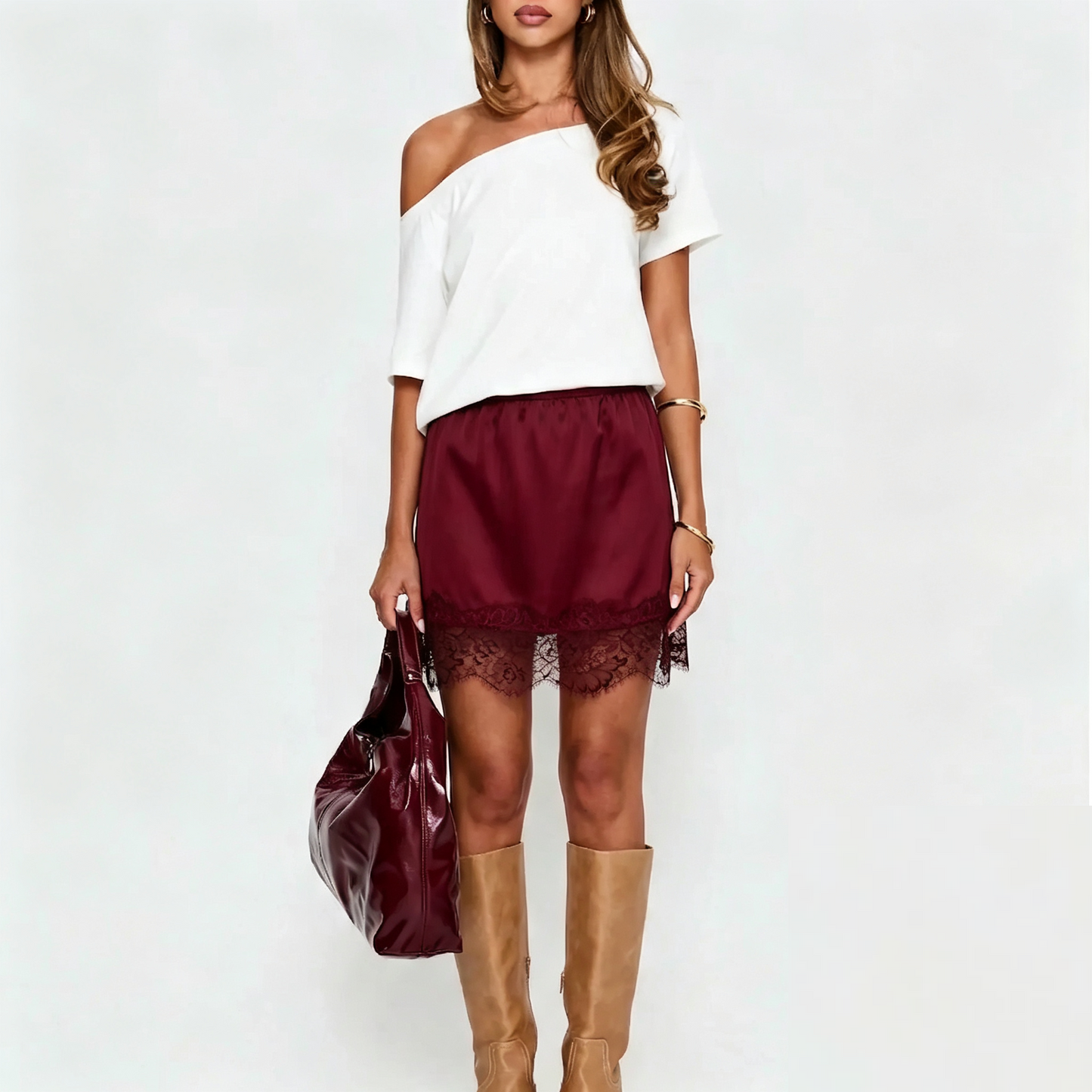 High Elastic Waist Silky Satin Floral Lace Hem Short Half Slip Skirt