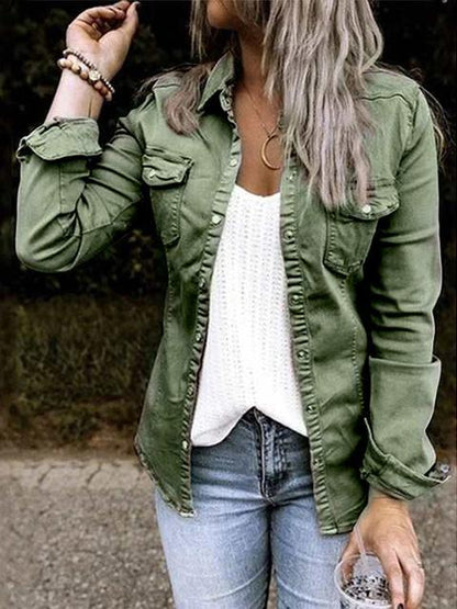 Solid Color Lapel Neck Pleated Denim Shacket