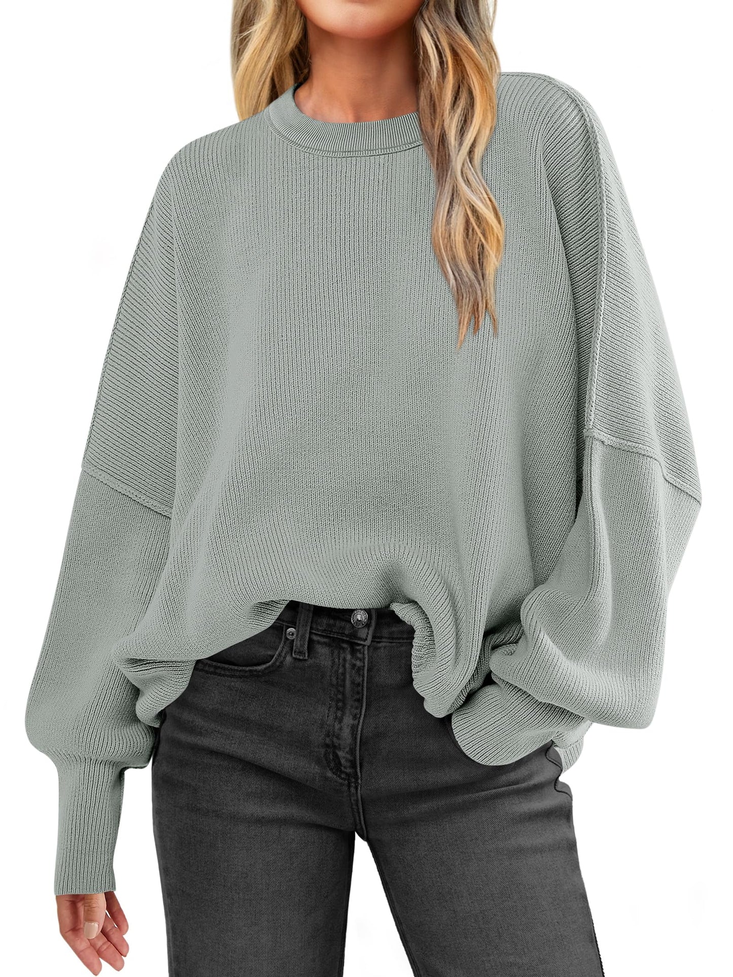 Women Oversized Side Slit Ribbed Knit Pullover Sweaters Top