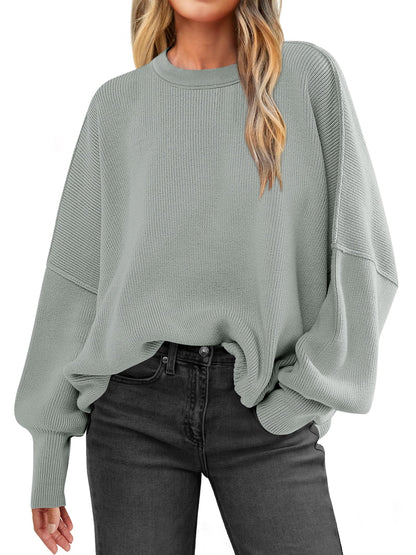 Women Oversized Side Slit Ribbed Knit Pullover Sweaters Top