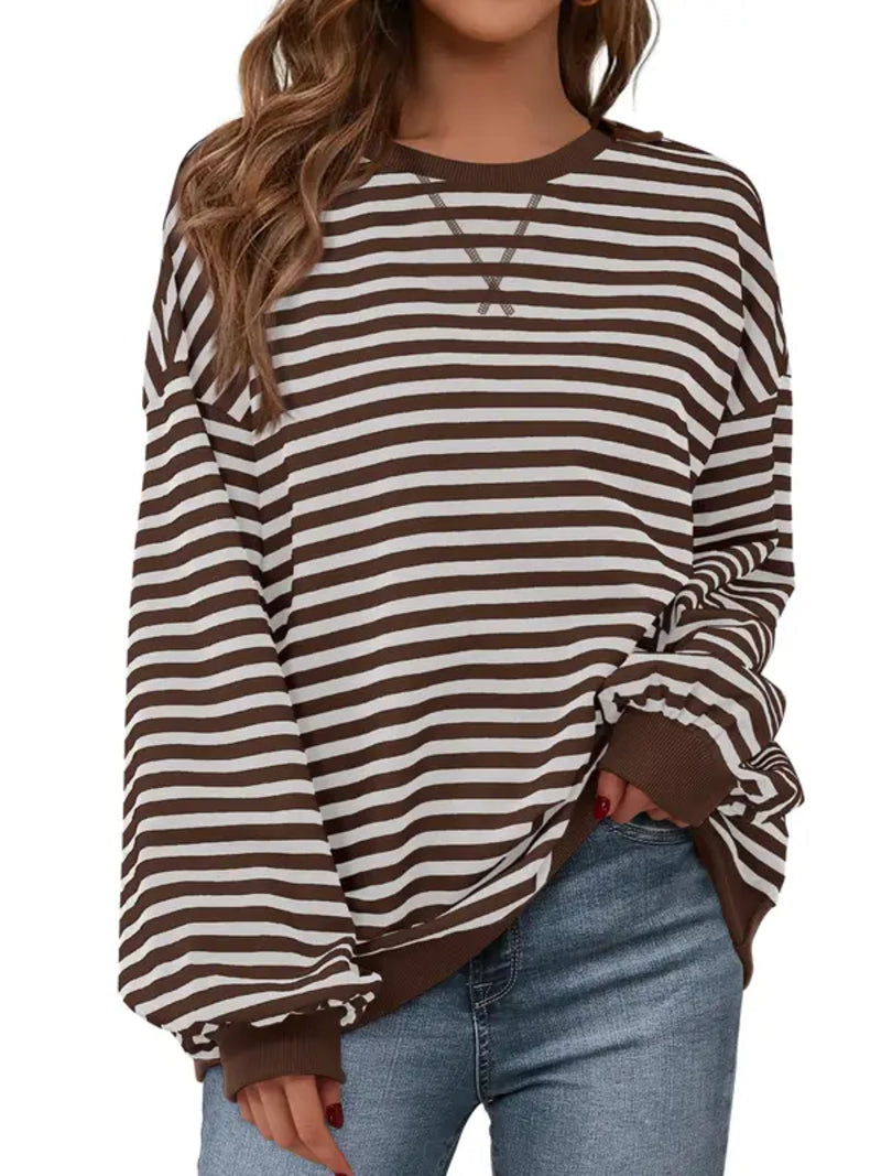 Limited time sale🔥Womens Striped Oversized Sweatshirt Color Block Long Sleeve Top