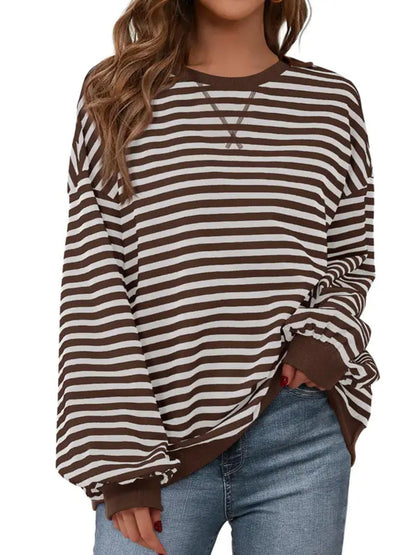Limited time sale🔥Womens Striped Oversized Sweatshirt Color Block Long Sleeve Top