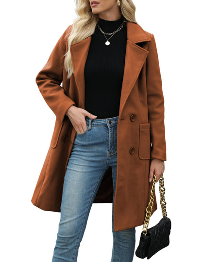 Women Open Front Wool Coat Lapel Double Button Mid‑Length Overcoat With Pockets