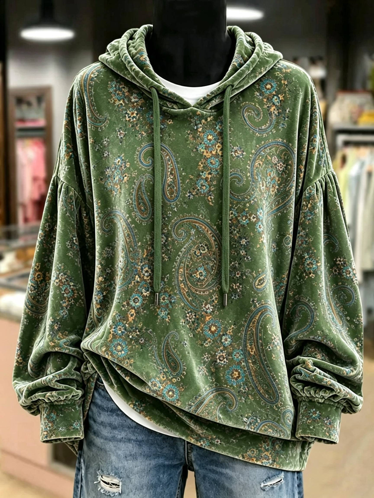 Vintage Paisley Print Velvet Hoodie Top