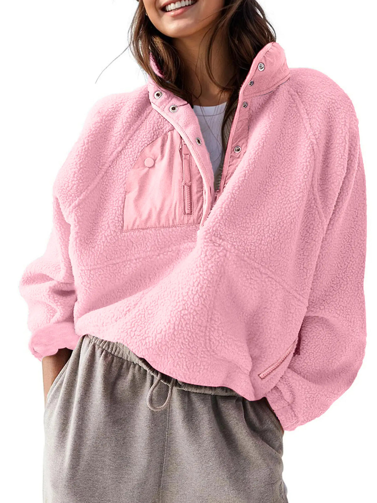 Women Color Block Half Snap Cropped Fleece Pullover Jacket
