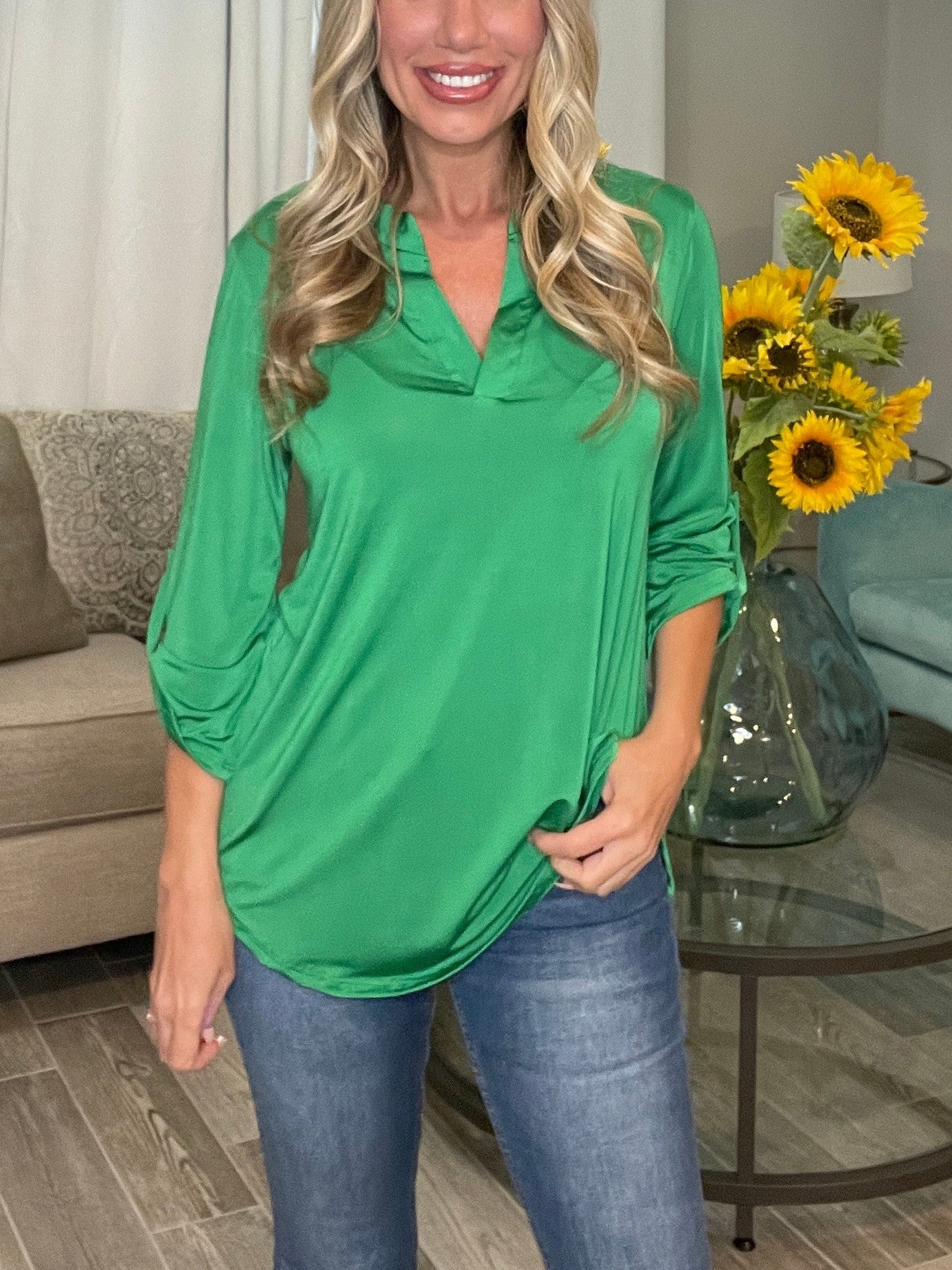 HOT SALE V Neck Satin 3/4 Sleeve Button Blouse