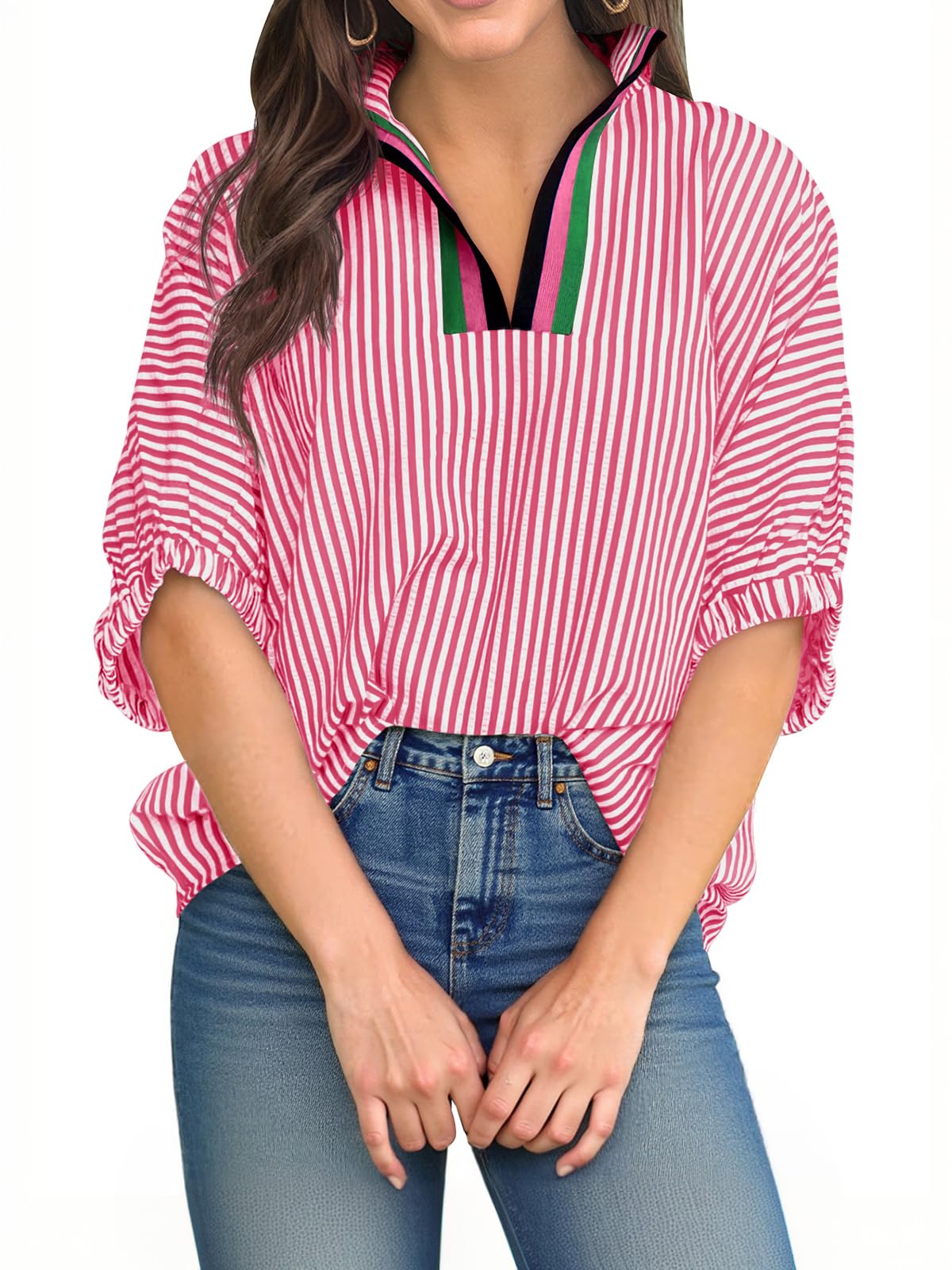 Womens V Neck Striped Blouse Oversized Dolman Sleeve Tops