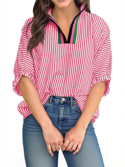 Womens V Neck Striped Blouse Oversized Dolman Sleeve Tops