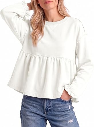 Women Crew Neck Ruffle Cuff Peplum Top