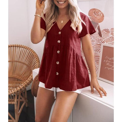 Women's Short Sleeve V Neck Blouse Button Down Shirt Loose Casual Ruffle Hem Babydoll Peplum Top