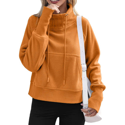 Women Fleece Lined High Neck Drawstring Sweatshirt Long Sleeve Pocket Pullover Top