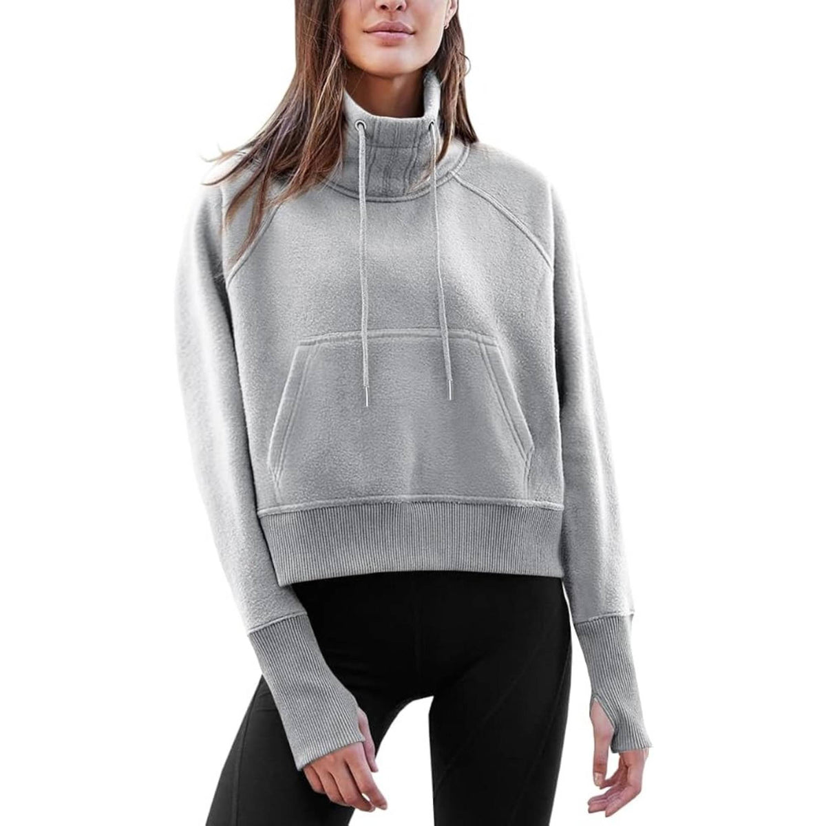 Women Fleece Lined High Neck Drawstring Sweatshirt Long Sleeve Pocket Pullover Top