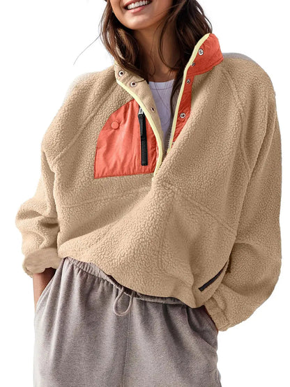 Women Color Block Half Snap Cropped Fleece Pullover Jacket
