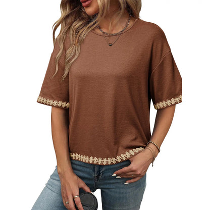 Women's Casual Summer Crewneck Short Sleeve Embroidered Loose Oversized Basic Tee