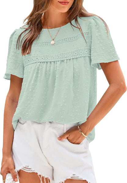 ✨Women's Swiss Dot Lace Crochet Crewneck Boho Short Sleeves