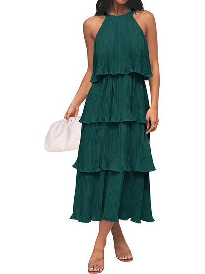 ⏰Hot Sale-Women's Summer Halter Neck Ruffle Tiered Layered Chiffon Flowy Swing Midi Dress