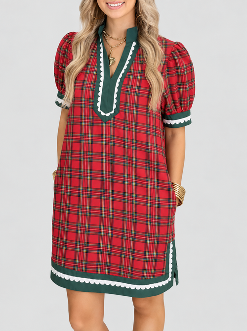Women Classic Holiday Red Plaid Shift Dress