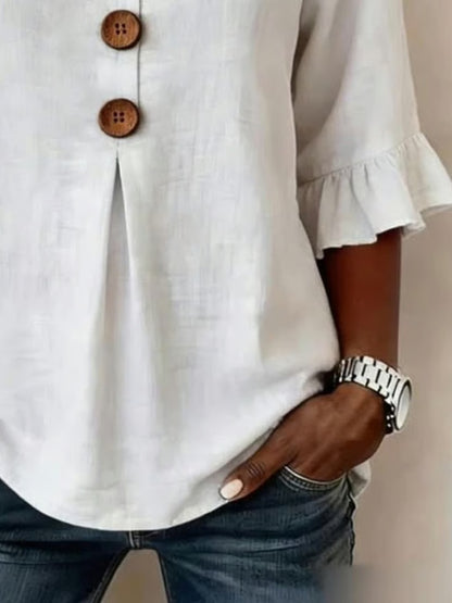Women's V-Neck Wood Button Ruffle Sleeve Blouse