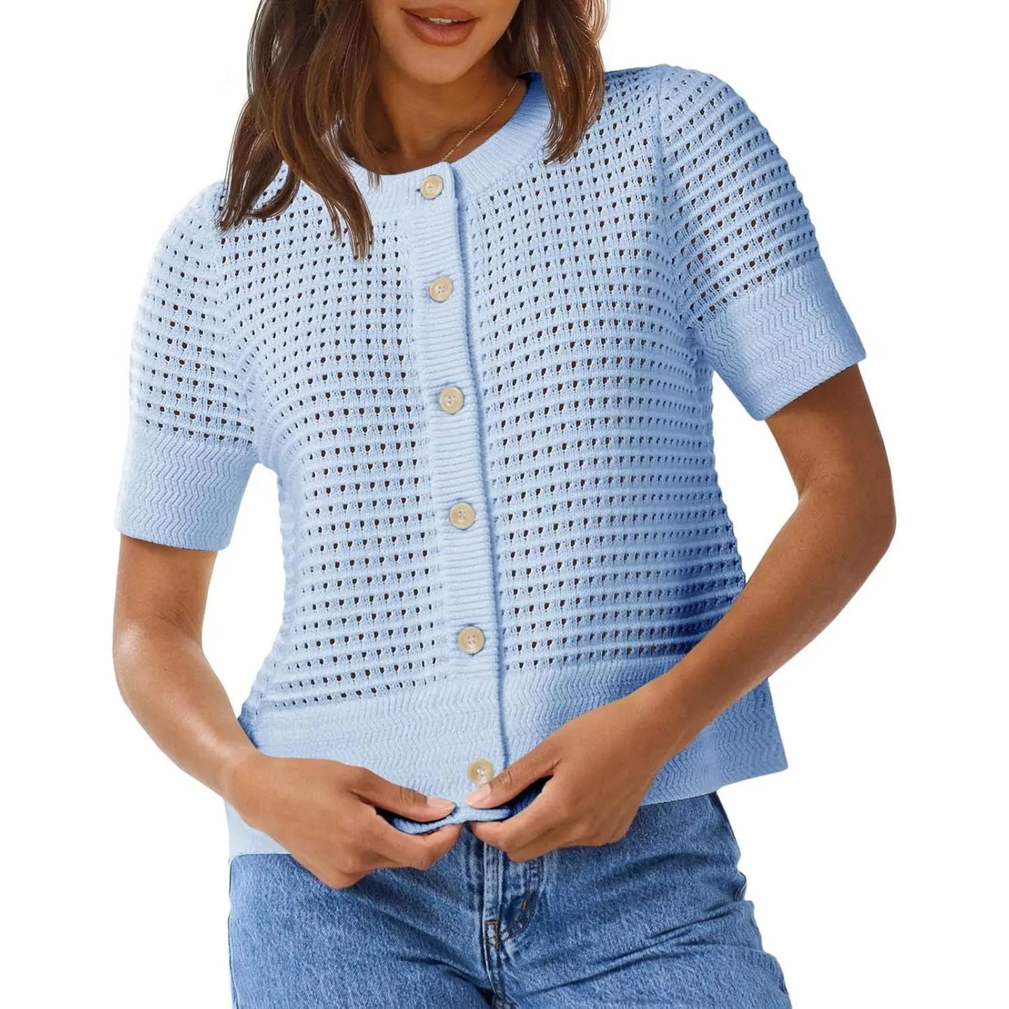 Womens Crochet Short Sleeve Cardigans Button Up Crew Neck Summer