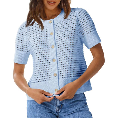 Womens Crochet Short Sleeve Cardigans Button Up Crew Neck Summer