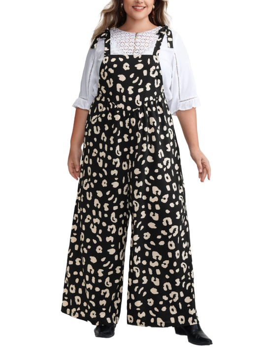 Casual Loose Fit Leopard Overalls Lightweight Wide Leg Jumpsuit With Pockets