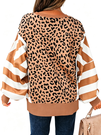 🐆Leopard Stripe Colorblock Crewneck Sweatshirt , Oversized Drop Shoulder Top