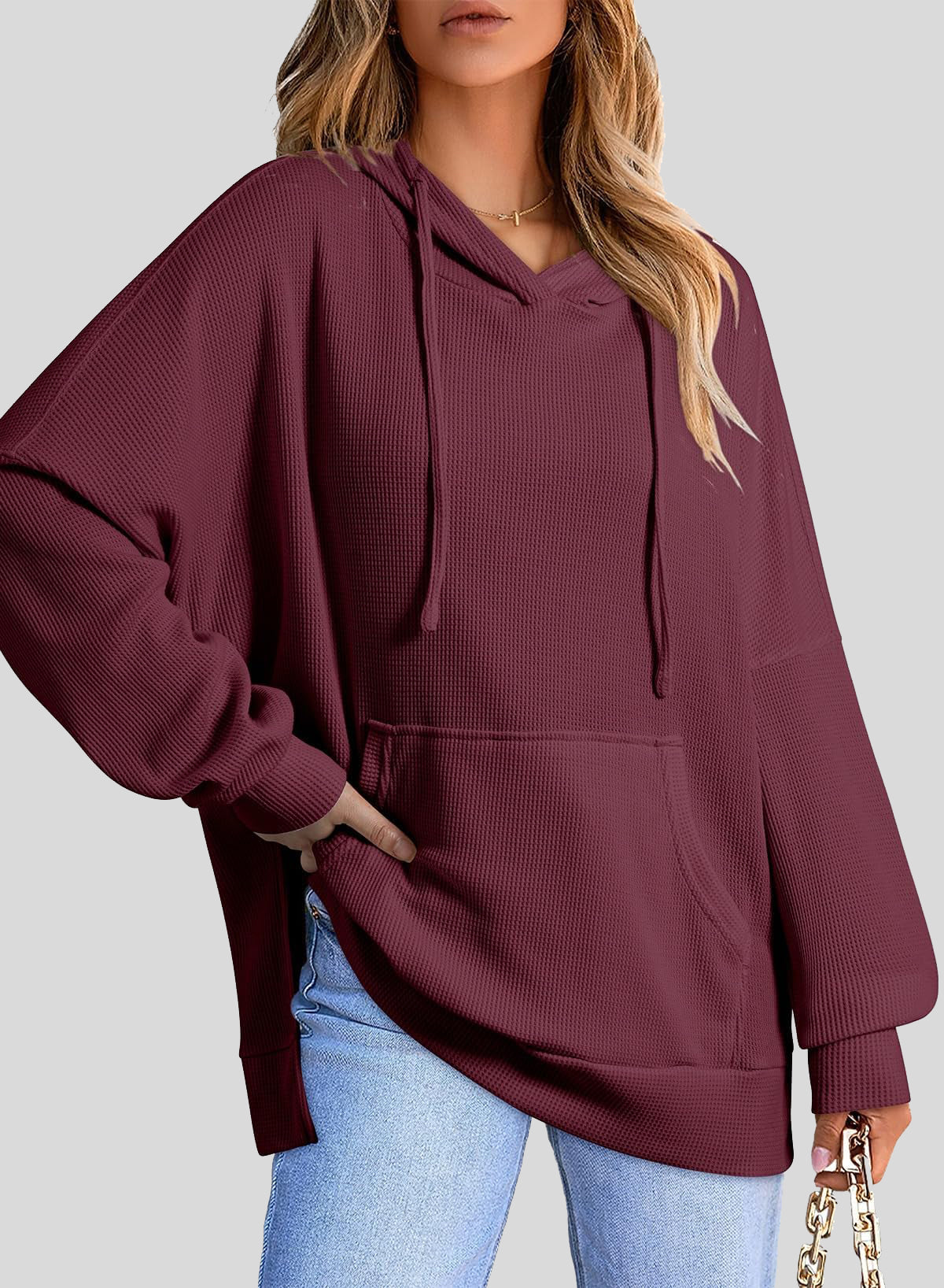 ✨Oversized Hoodies for Women Waffle Knit Drawstring Side Slit Pullover Sweatshirts with Pocket (Final Days: Big Savings!!!)