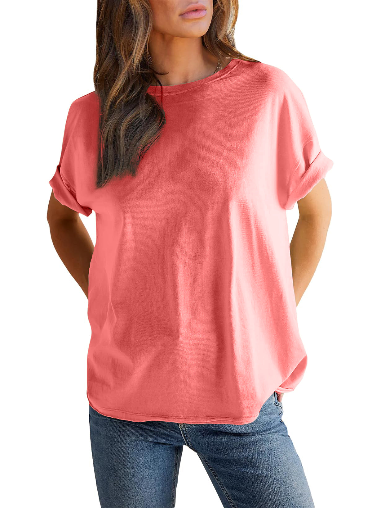 Women’s Round neck solid color short sleeve back spliced T-shirt cotton tee