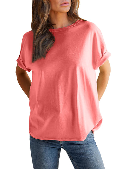 Women’s Round neck solid color short sleeve back spliced T-shirt cotton tee
