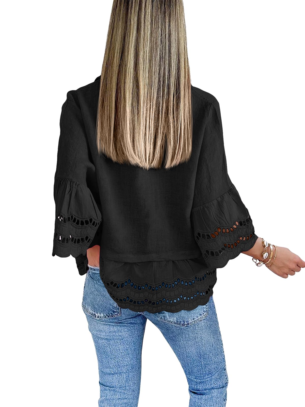 Women‘s Chic Ruffle Hem Blouse with Hollow Out Design