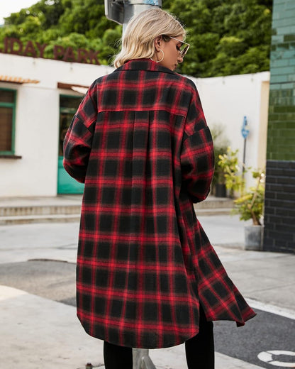 ✨Women's Button Down Flannel Shirts Plaid Shacket  Collared Long Jacket Coats
