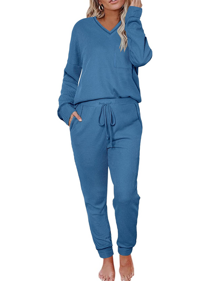 ✨V Neck Waffle Knit Sleepwear Top and Pant Lounge Sets