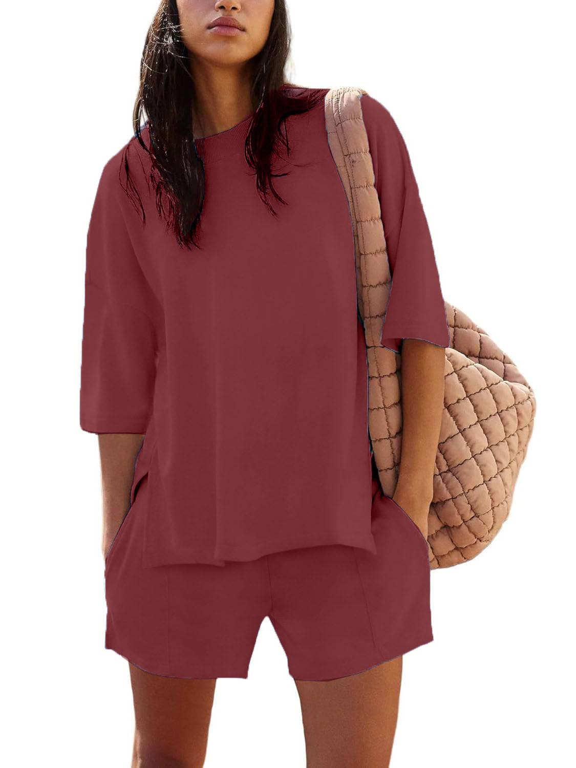 ✨2025 NEW Trendy Casual Solid Color Suit with Slit Top and Shorts