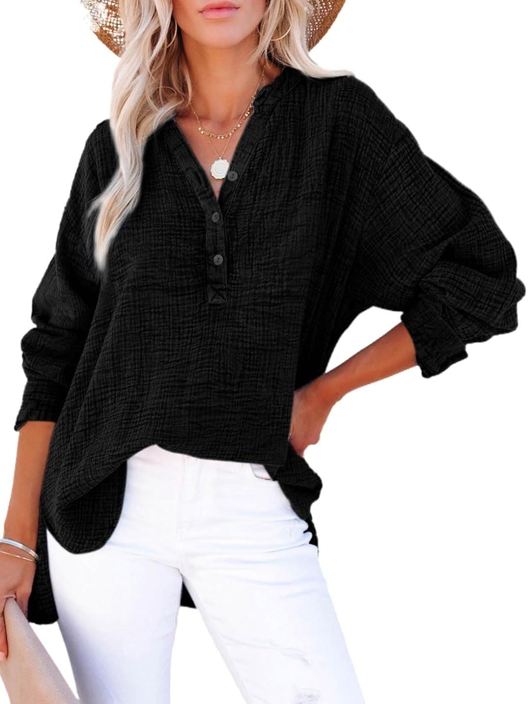 ⏰Hot Sale-Womens Casual Button V Neck Long Sleeve Shirts Oversized Solid Blouses Tops