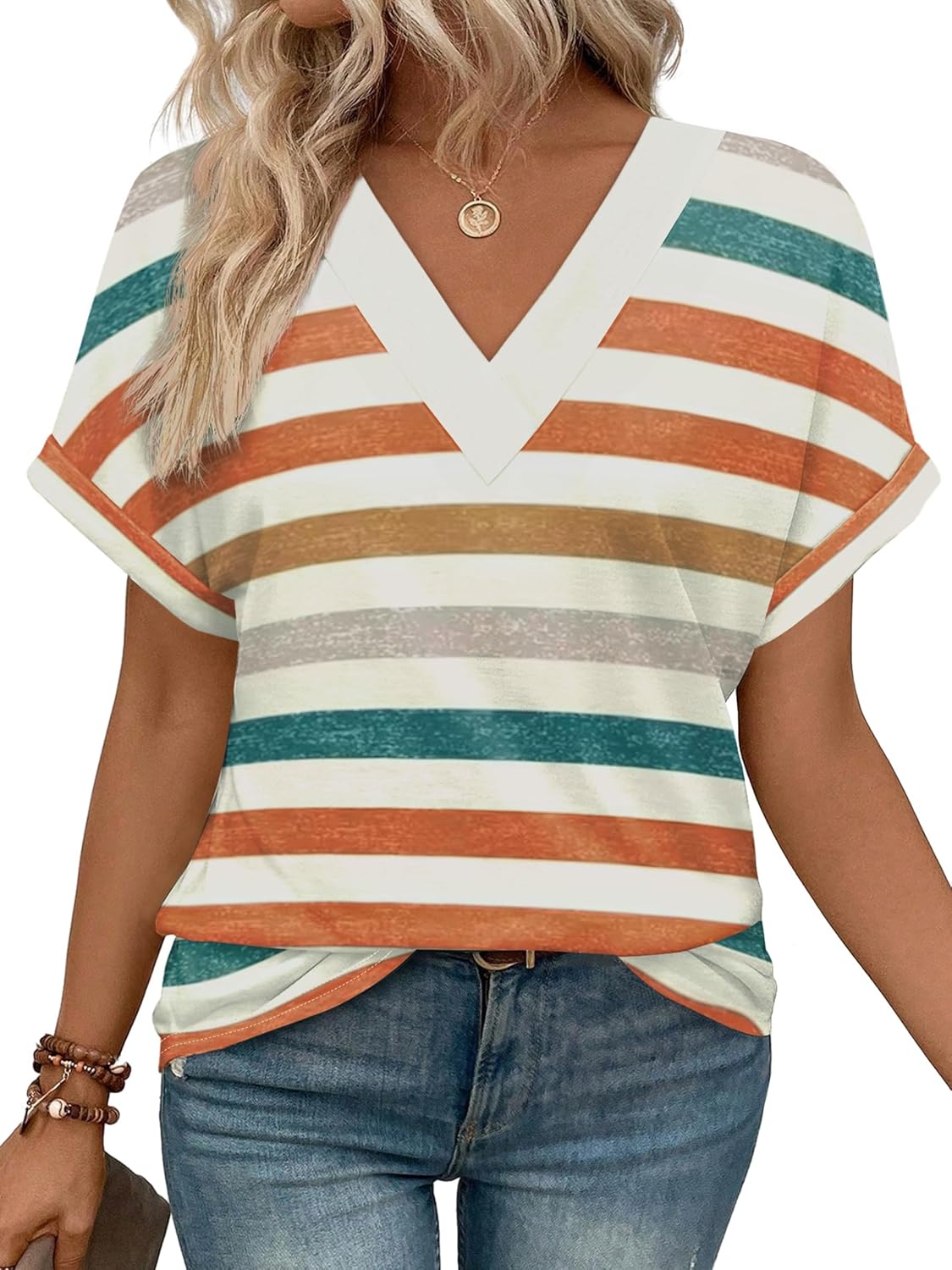 ✨Womens Summer V Neck Short Sleeve Solid Color Basic T Shirt