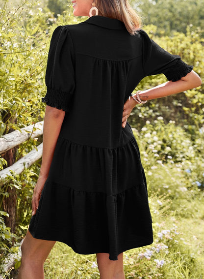 📣Smocked Sleeve Tiered V-Neck Mini Dress