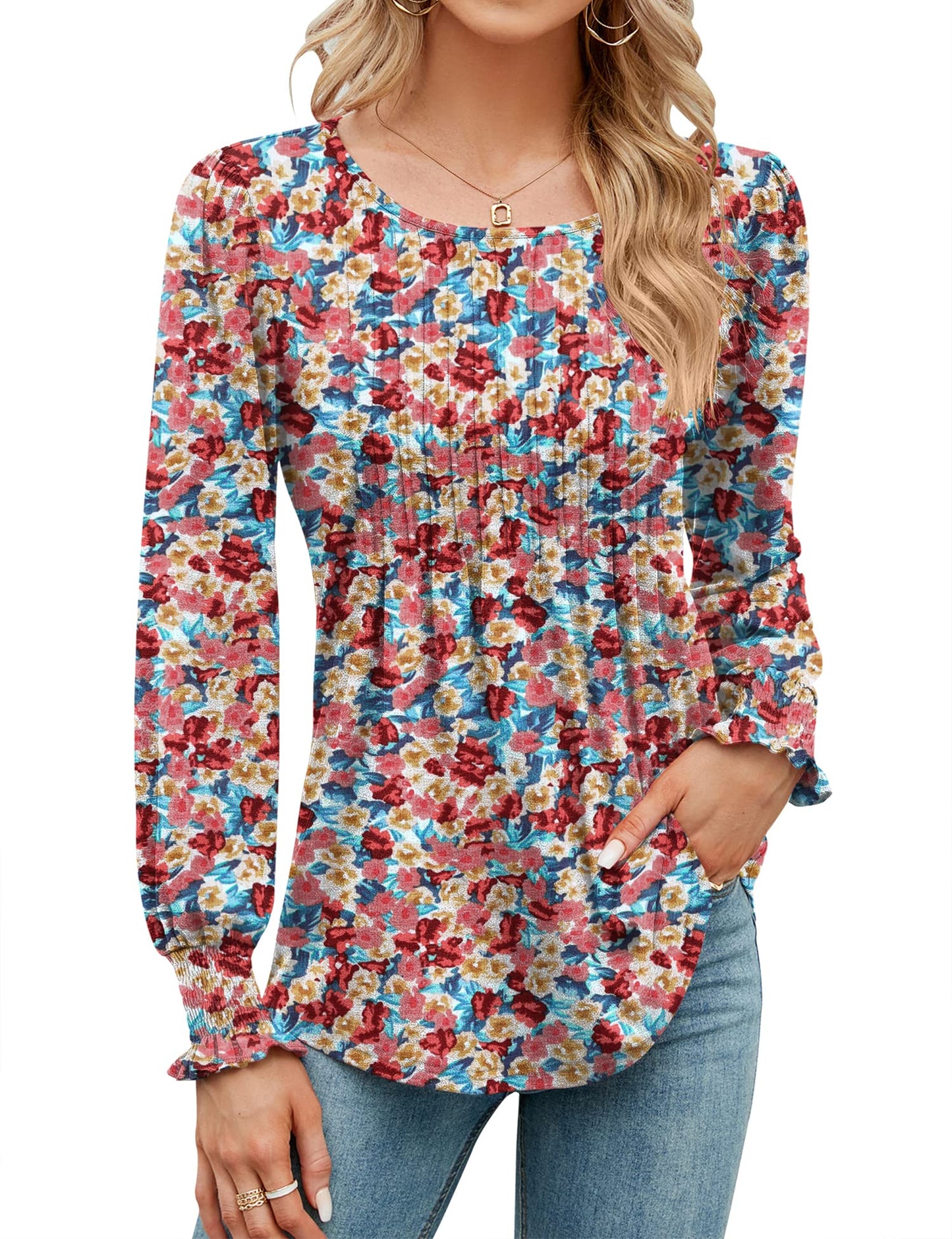 ✨Puff Long Sleeve Pleated Crew Neck Tunic Top