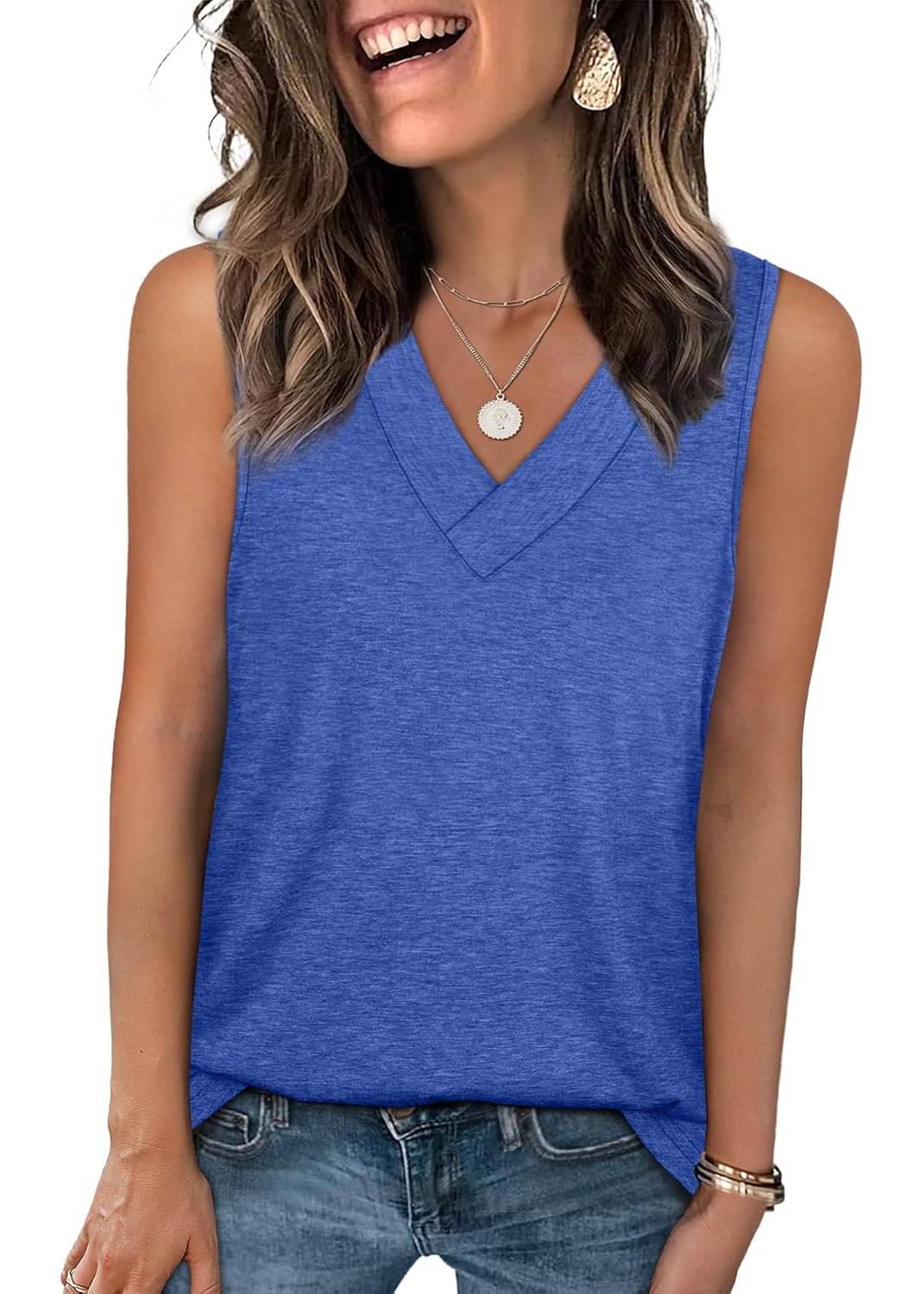 ⏰Hot Sale-Women Summer Loose Fit V Neck Sleeveless Basic Tank Tops