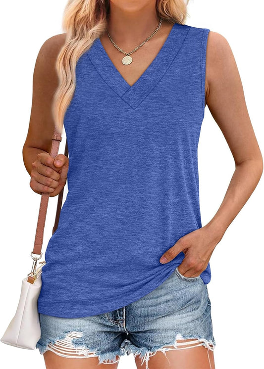 ⏰Hot Sale-Women Summer Loose Fit V Neck Sleeveless Basic Tank Tops