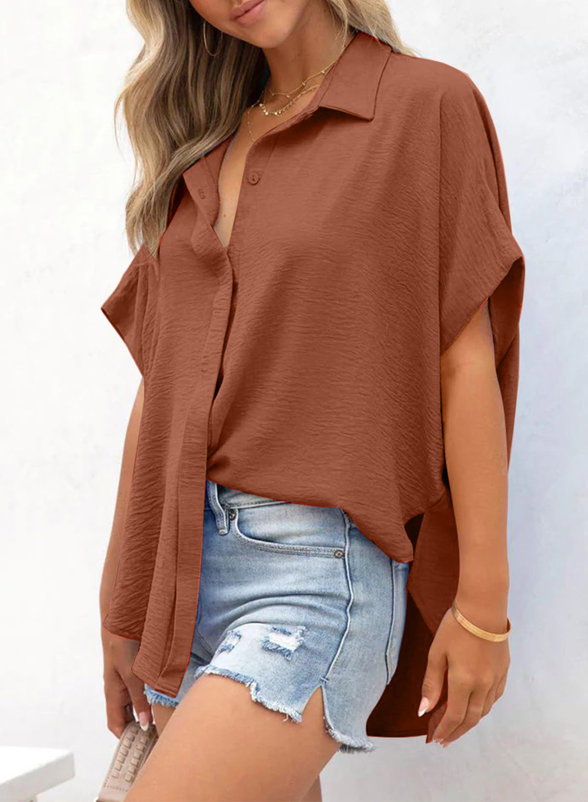 ⏰Hot Sale-Women's Casual Button Short Sleeve Slit Hem Shirt Solid Color Tops