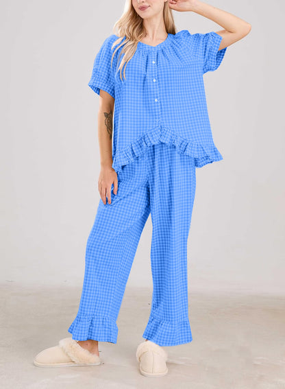 ✨Women Plaid 2 Piece Set Pajamas Outfits Short Sleeve Ruffle Shirt Pants Sets