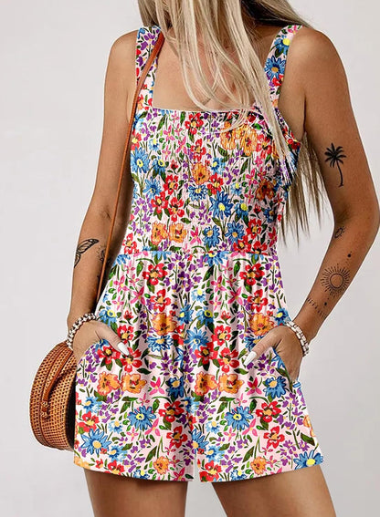 Women's Casual Sleeveless Floral Jumpsuit Cute Romper with Pockets