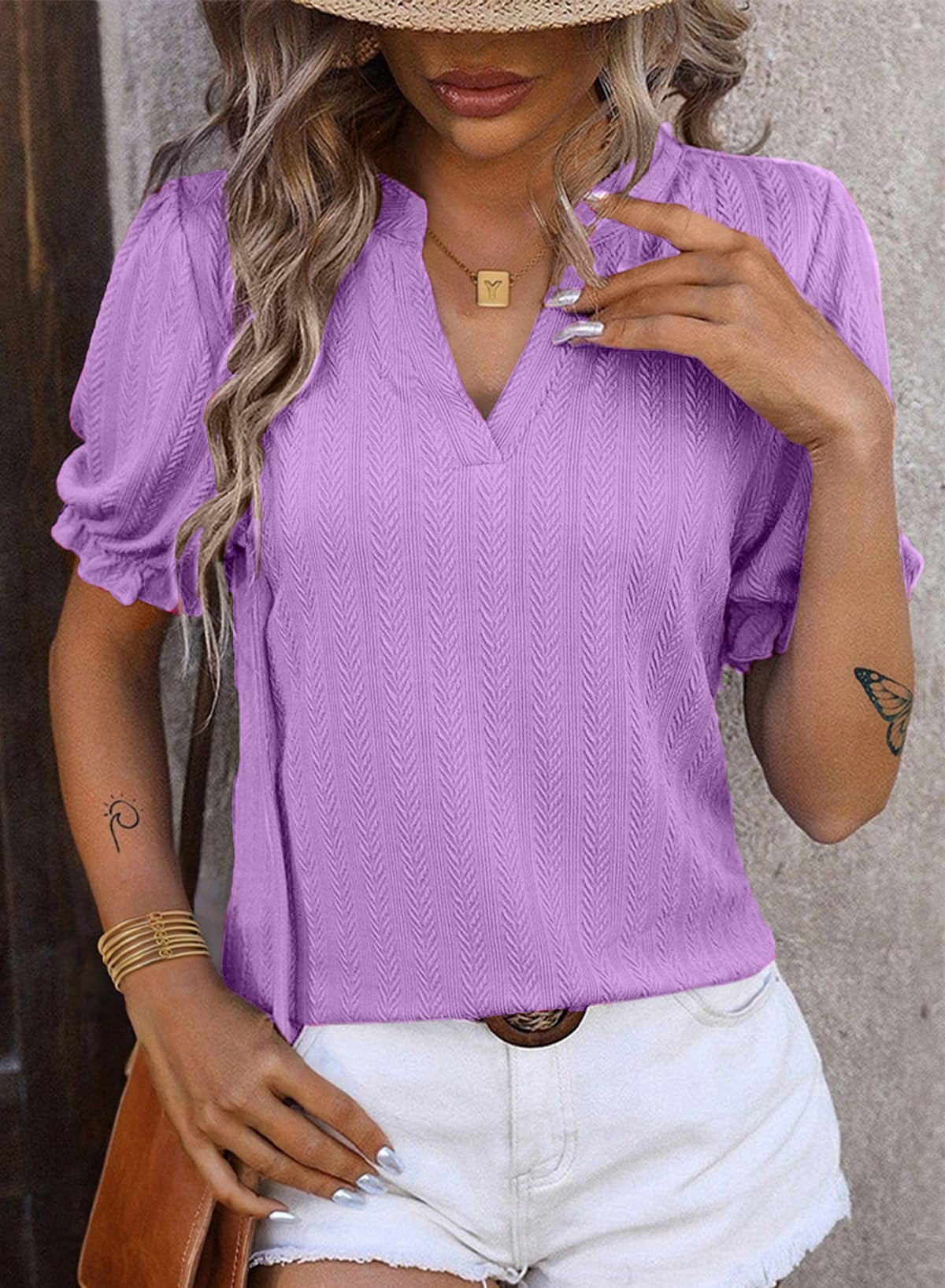 ✨Textured Puff-Sleeve V-Neck Knit Top